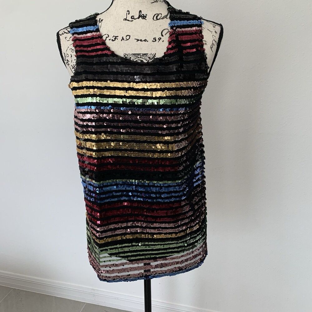 Rainbow Sequin Sleeveless Black Blouse Size Small